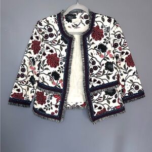 LOFT Blazer Womens 2 White Floral Embroidered Collarless Jacket Cottagecore Work